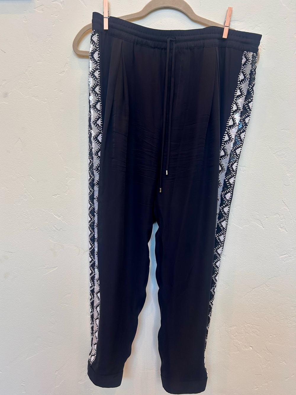 Haute Hippie | 100% Silk Beaded Side Stripe Joggers - Black Size L